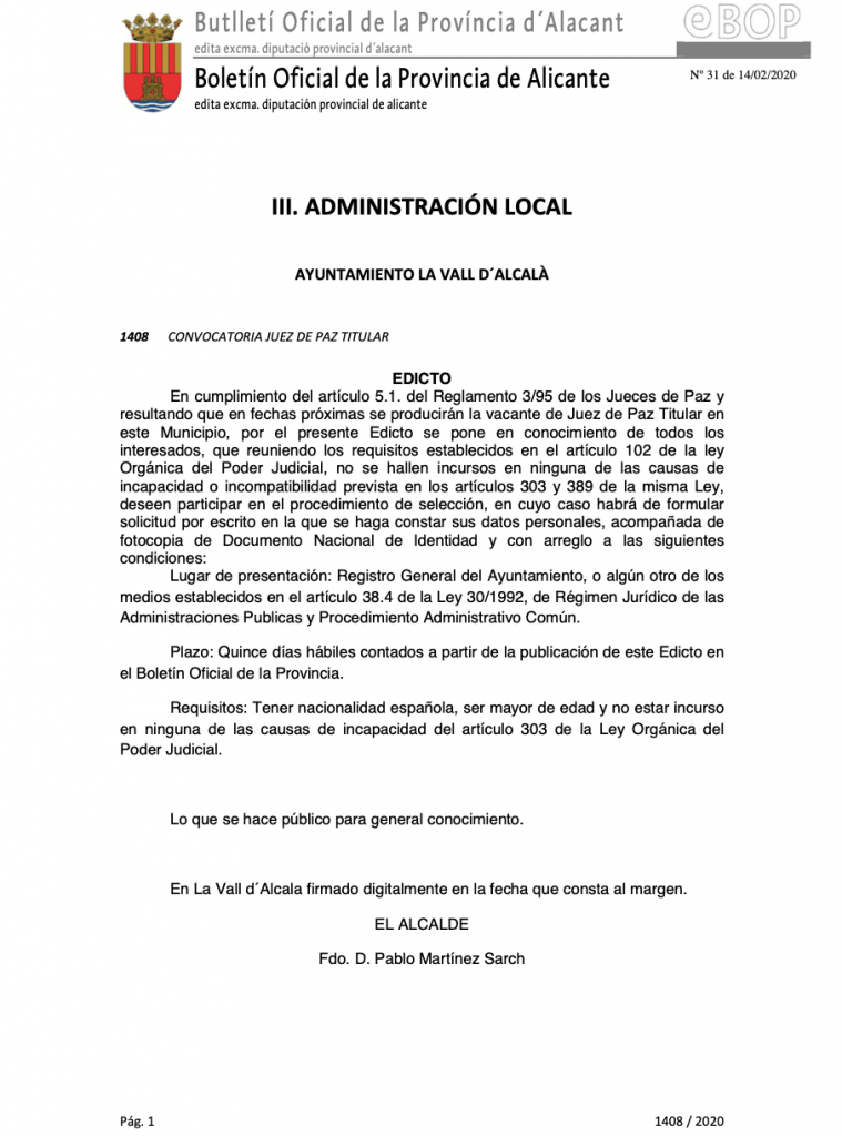 Convocatoria Juez de Paz